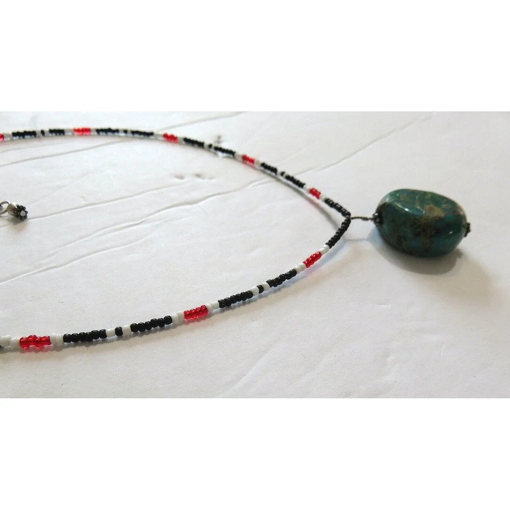 Vintage Southwestern Chunky Turquoise Pendant Coral Onyx Seed Bead‎ 18